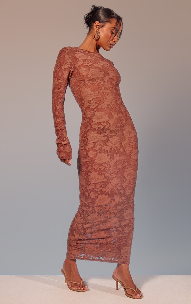 Robe bustier longue fleurie café au lait transparente effet dévoré froncé image 4