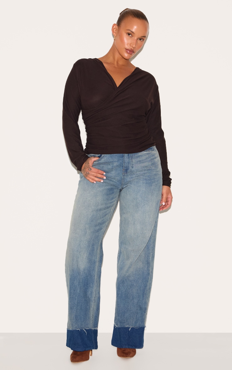 Plus Chocolate Soft Touch Ruched Long Sleeve Longline Top image 3