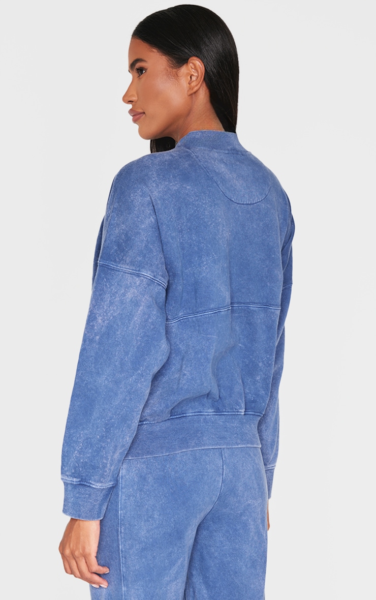 Blue Washed Seam Detail Zip Up Bomber Style Sweatshirt image 2