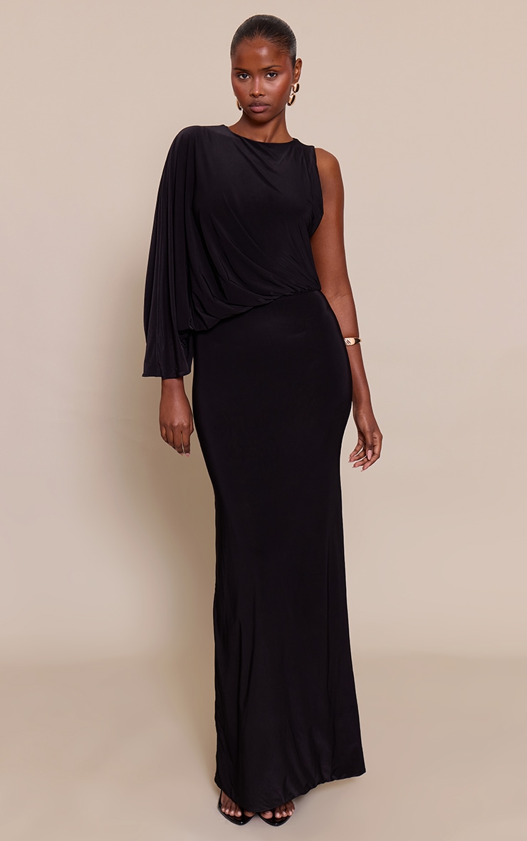 Black Slinky Asymmetric Slouchy Maxi Dress image 1