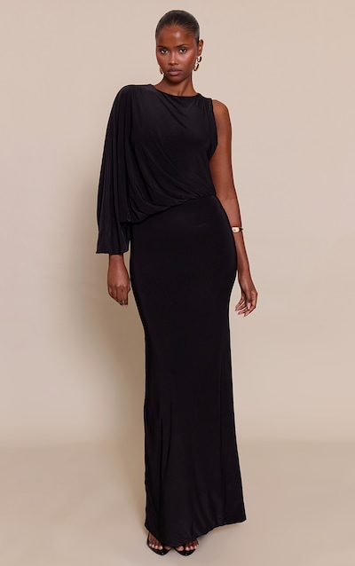 Black Slinky Asymmetric Slouchy Maxi Dress