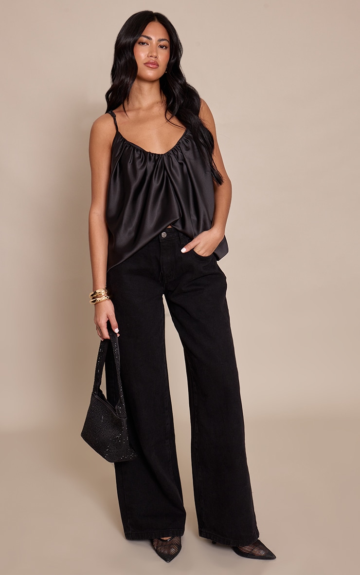 Black Satin Puff Detail Strappy Cami Top image 3
