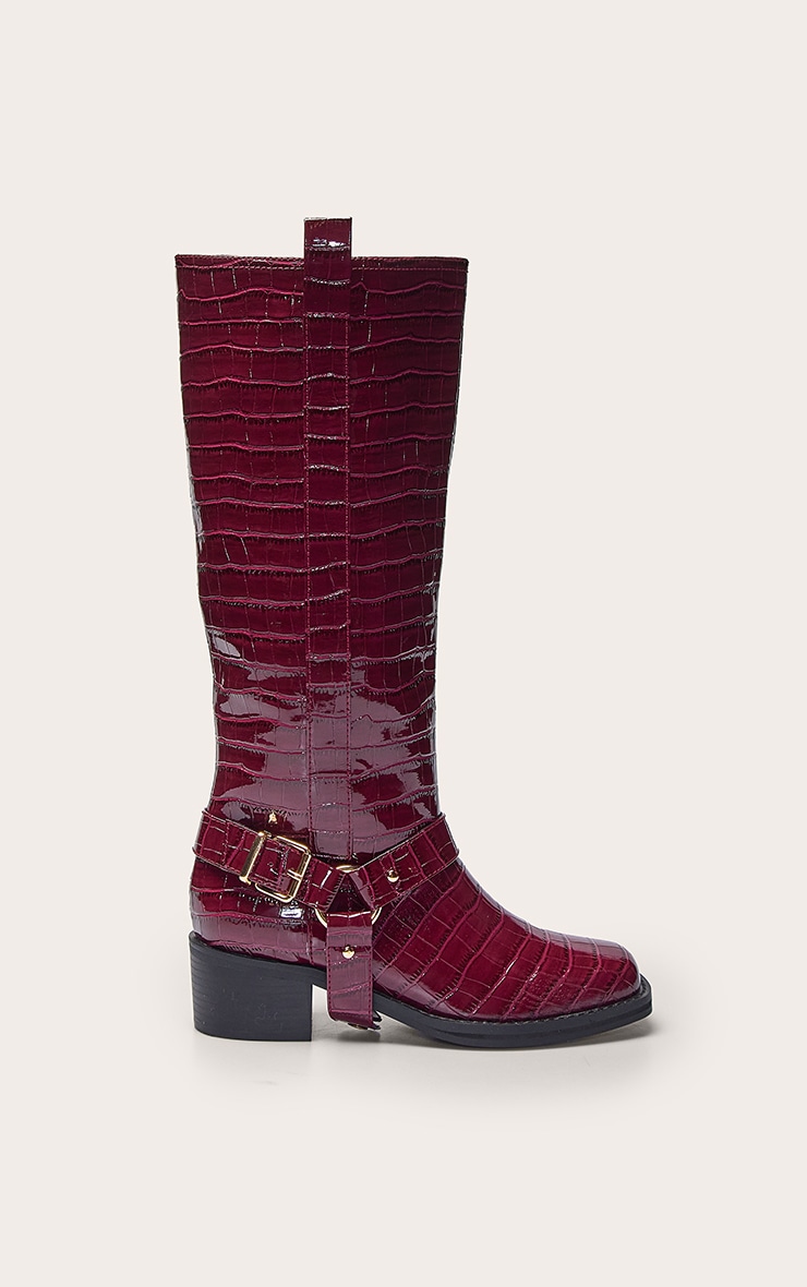 Burgundy Croc Patent Buckle Detail Knee High Boots image 2