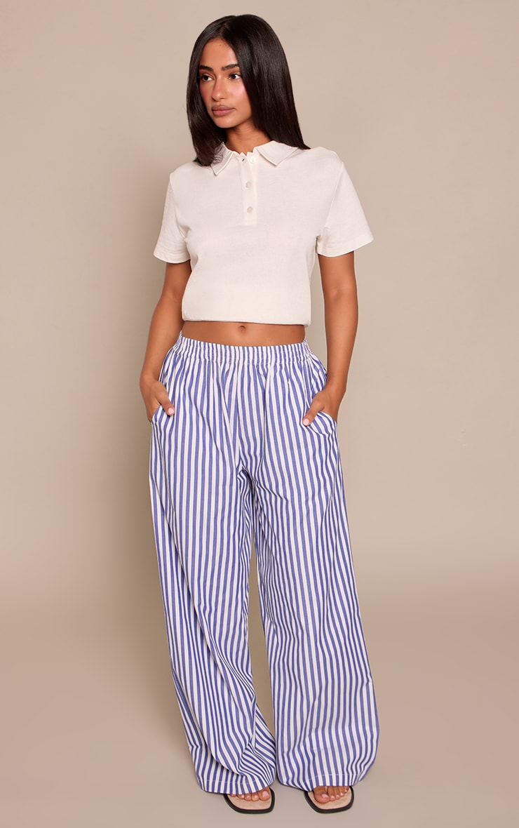 Petite Blue Stripe Linen Look Elasticated Waist Trousers