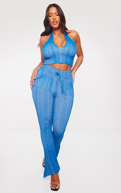 Shape Bright Blue Knit Contrast Drawstring Flare Pants