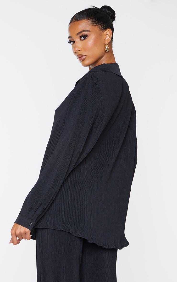 Black Plisse Button Front Oversized Shirt image 2