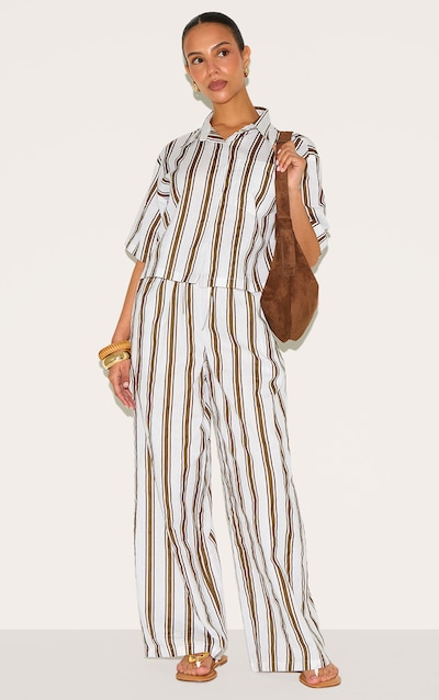 Petite Beige Linen Look Striped Wide Leg Pants