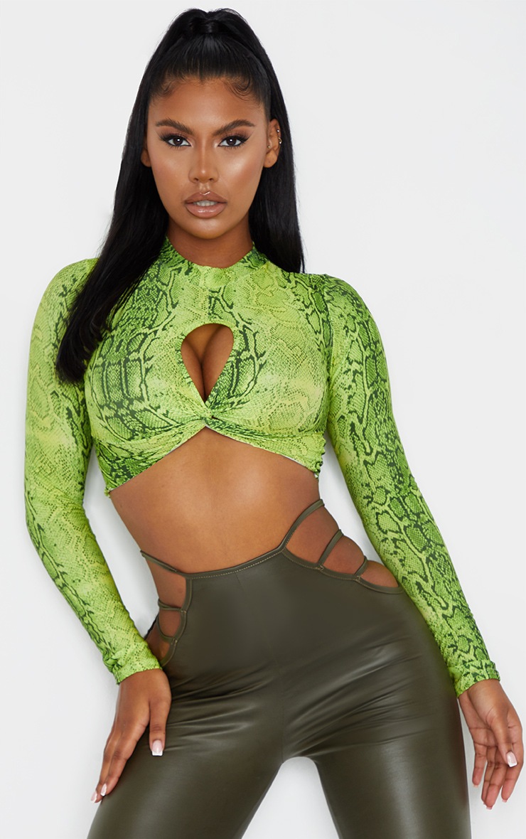 Lime Snake Print Twist Front Long Sleeve Crop Top