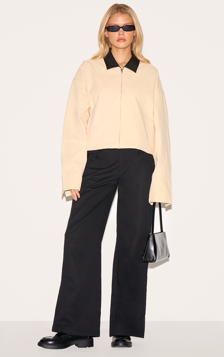 Sand Faux Leather Collar Oversized Cotton Jacket image 3
