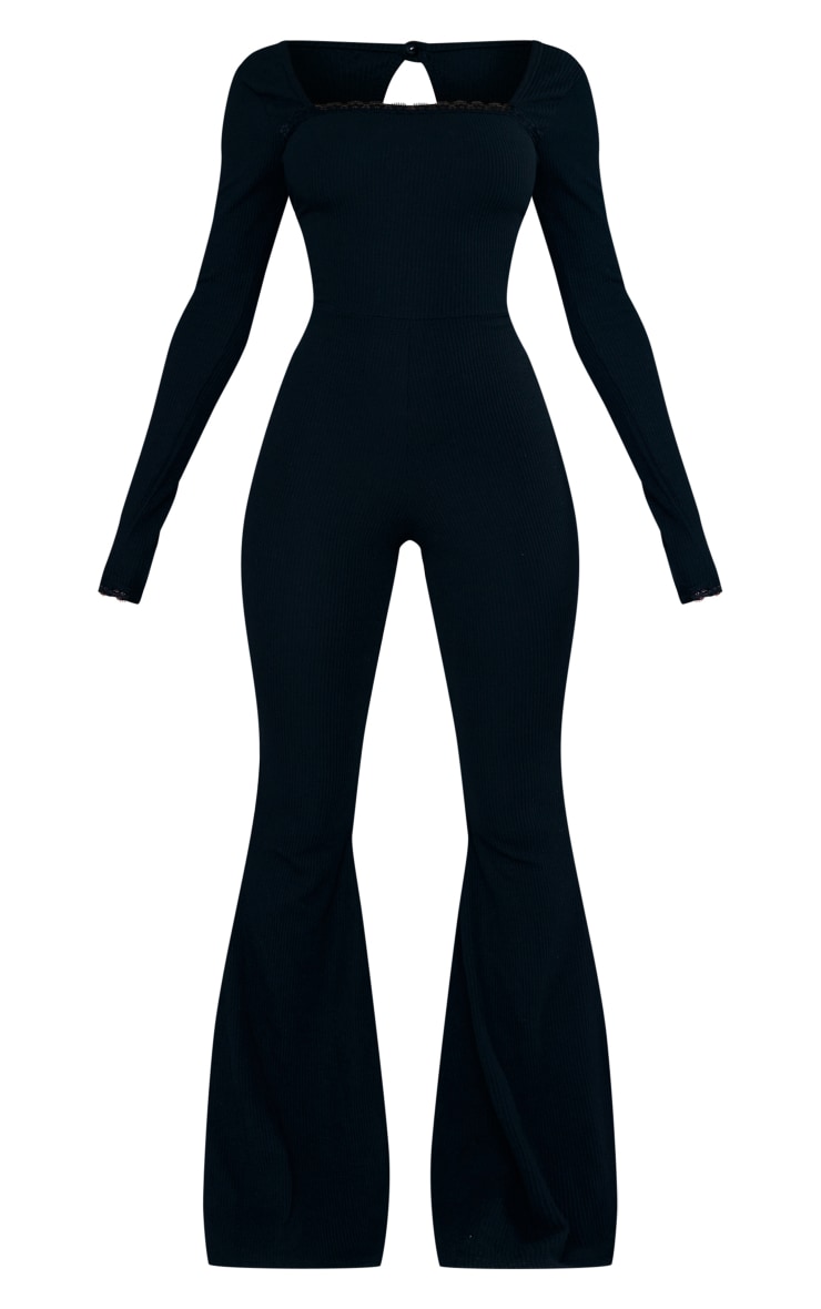 Black Ribbed Lace Trim Long Sleeve Flared Leg Jumpsuit image 5