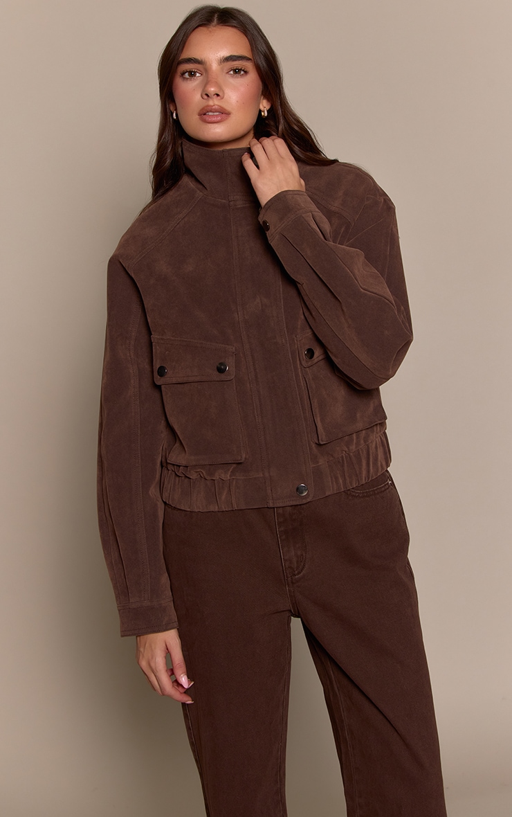 Bitter Chocolate High Neck Utility Pocket Cropped Suede Bomber