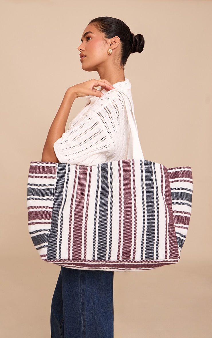 Navy and Burgundy Striped Beach Bag image 1