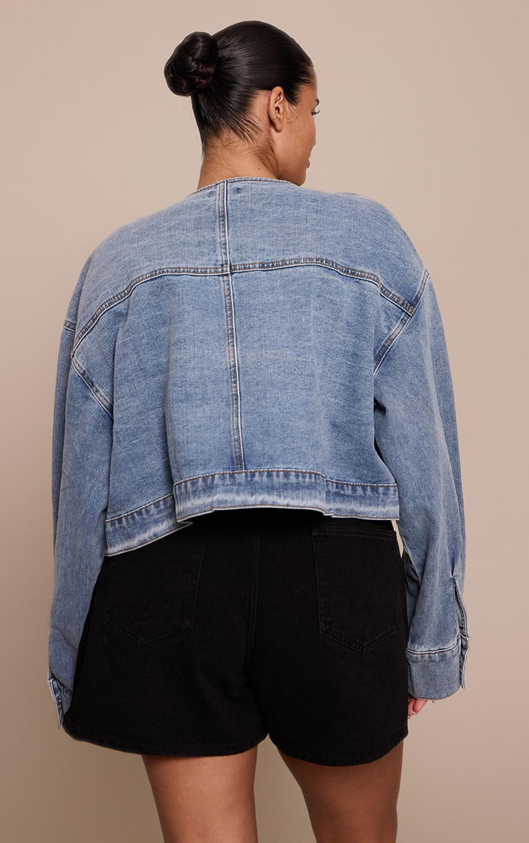 Plus Mid Blue Wash Collarless Cropped Denim Jacket image 2