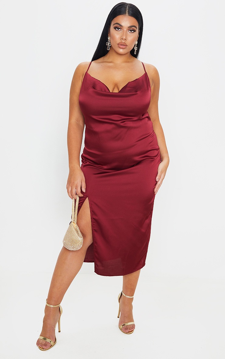 Plus Burgundy Strappy Satin Cowl Midi Dress