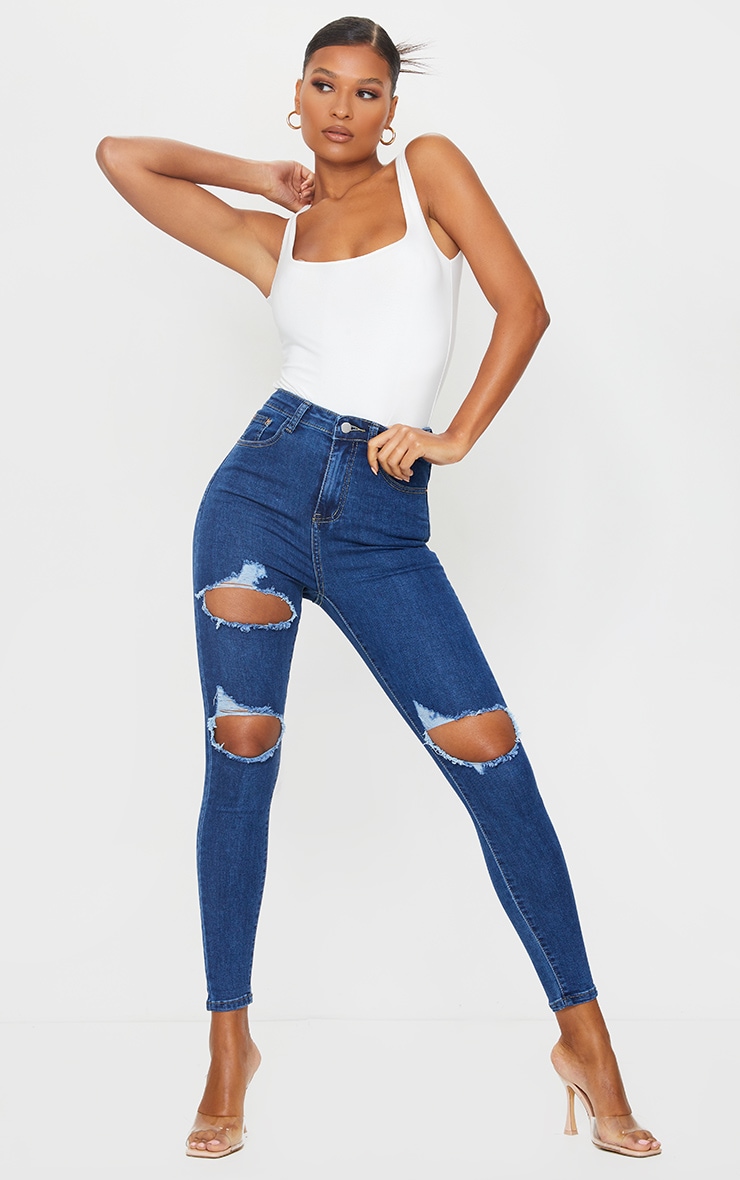 PRETTYLITTLETHING Mid Blue Wash Double Rip 5 Pocket Skinny Jean