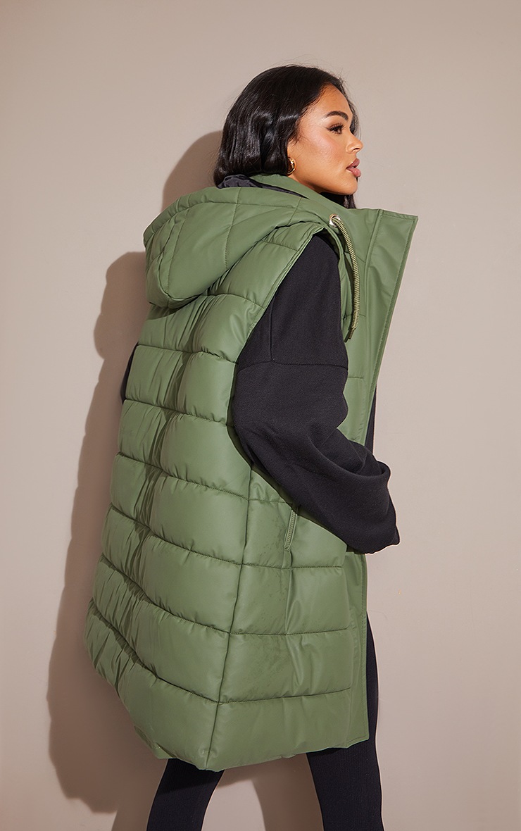 Khaki Faux Leather Longline Panelled Gilet PrettyLittleThing