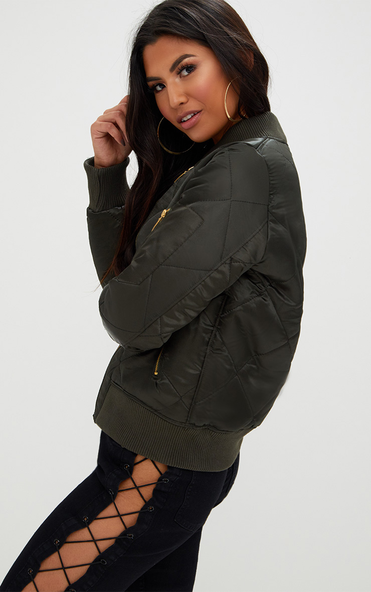 Khaki Satin Quilted Bomber Jacket PrettyLittleThing