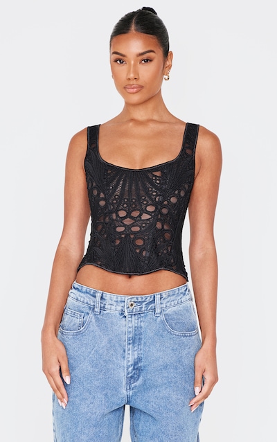 Black Textured Sheer Floral Square Neck Corset