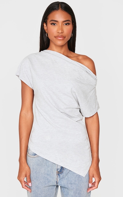 Grey Marl Bardot Cotton Waist Detail Long Top