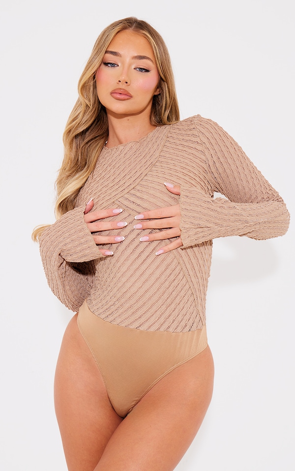 Mocha Textured Mesh Long Sleeve Bodysuit | PrettyLittleThing