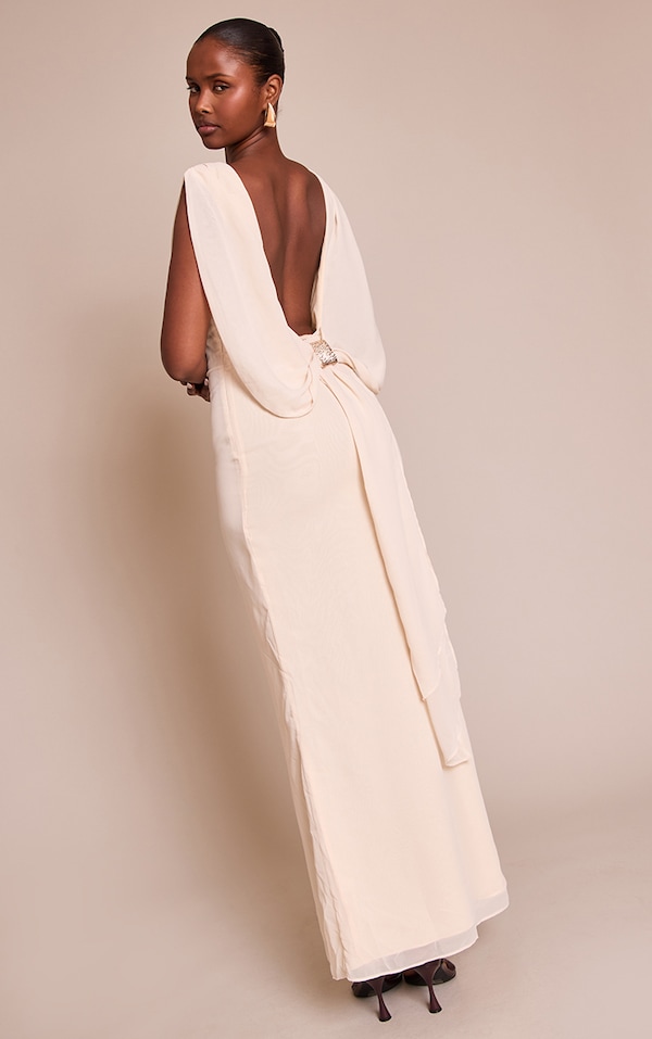 Cream Boat Neck Back Cowl Trim Detail Maxi Dress