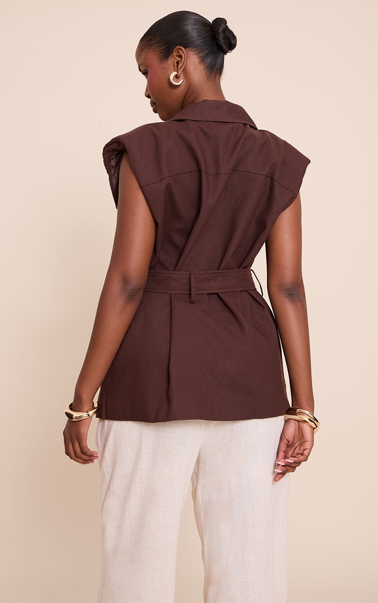 Chocolate Utility Style Linen Look Tie Waist Vest image 2