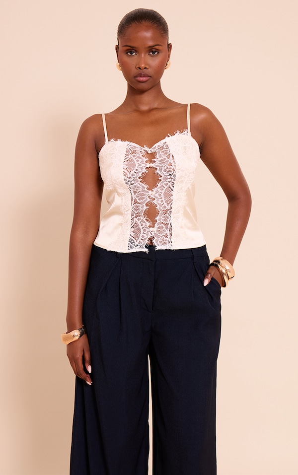 Buttermilk Satin Lace Panel Strappy Cami Top