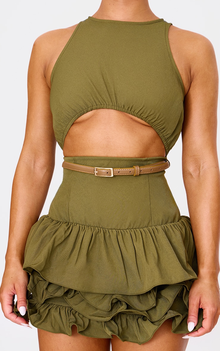 Khaki Cut Out Belted Frill Hem Mini Dress image 4