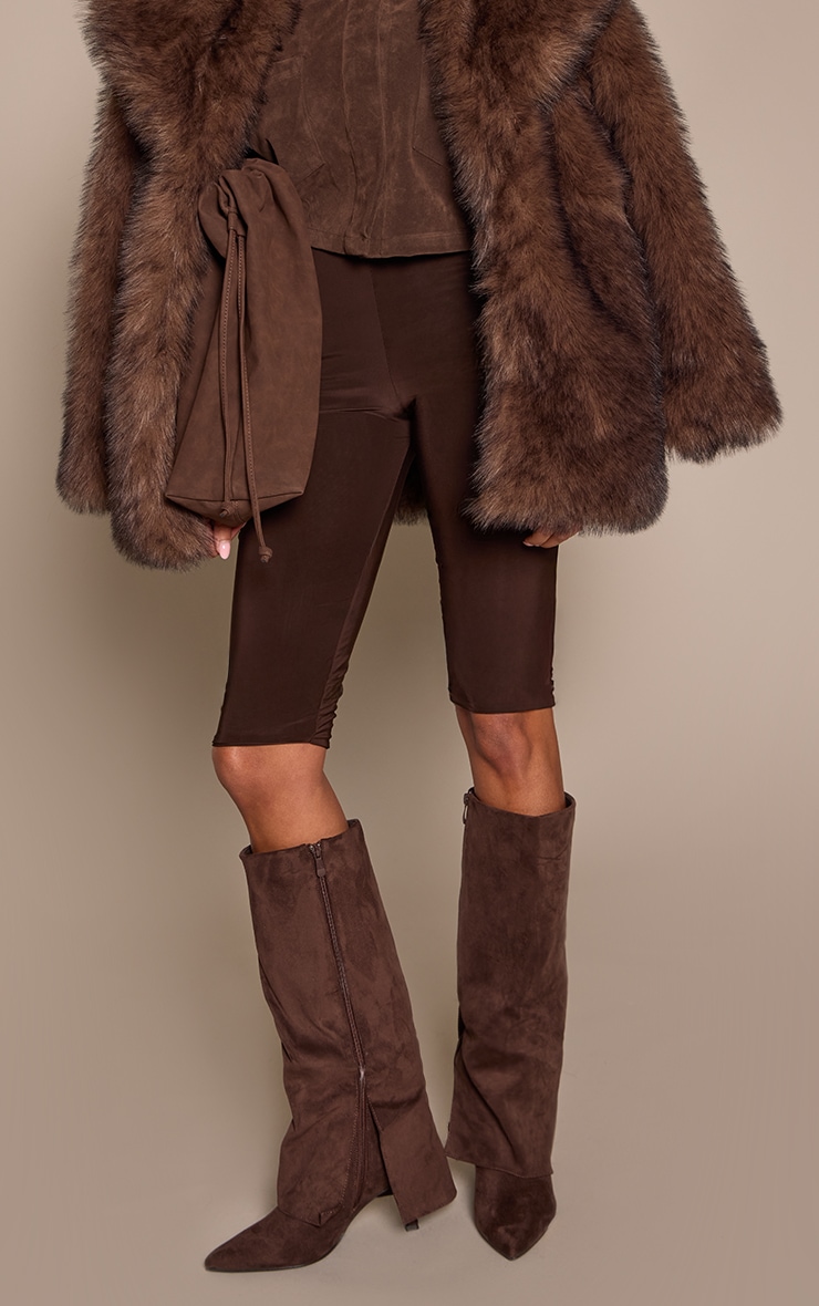Chocolate Faux Suede Stiletto Foldover Knee High Boots image 1