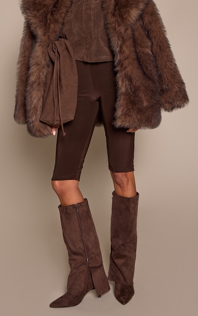Chocolate Faux Suede Stiletto Foldover Knee High Boots