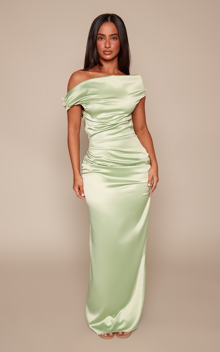 Petite Sage Green Satin Asymmetric Ruched Maxi Dress