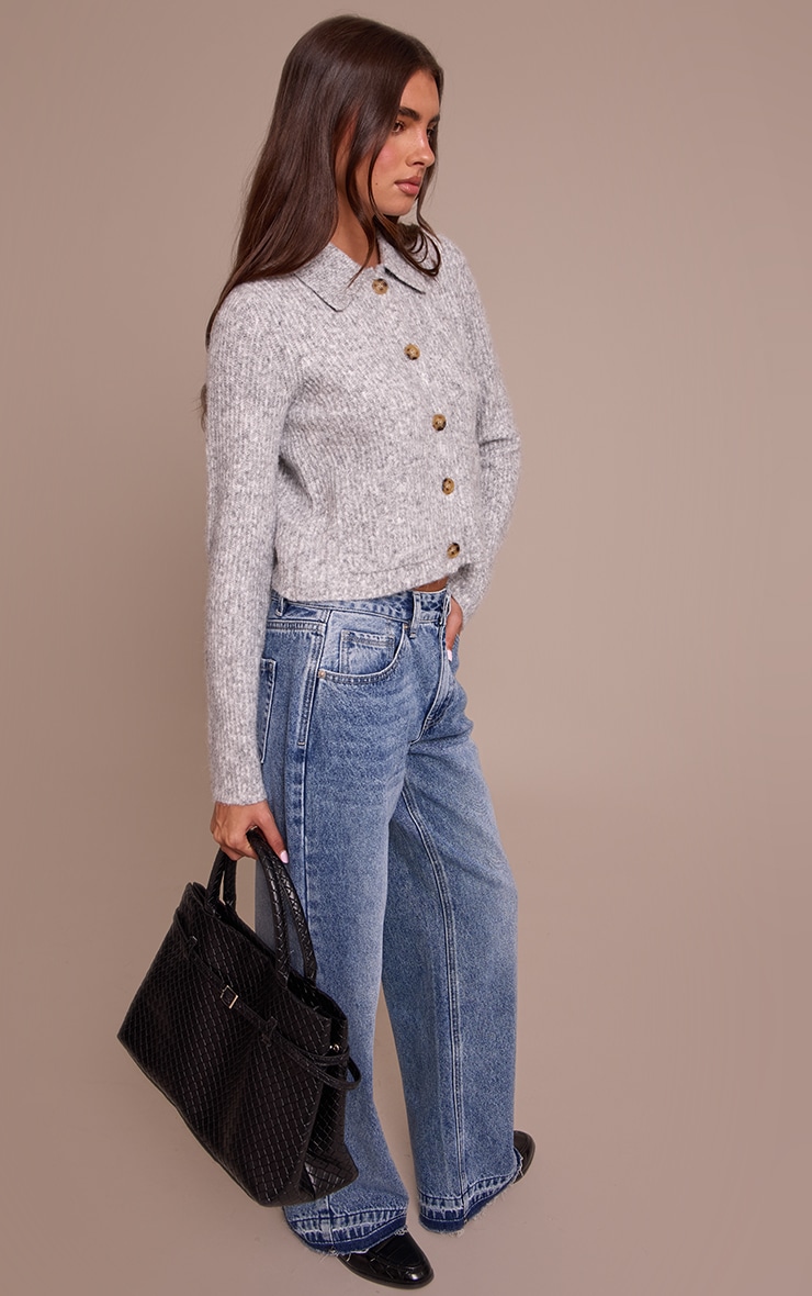 Grey Marl Soft Textured Knit Button Up Collar Detail Cardigan image 3