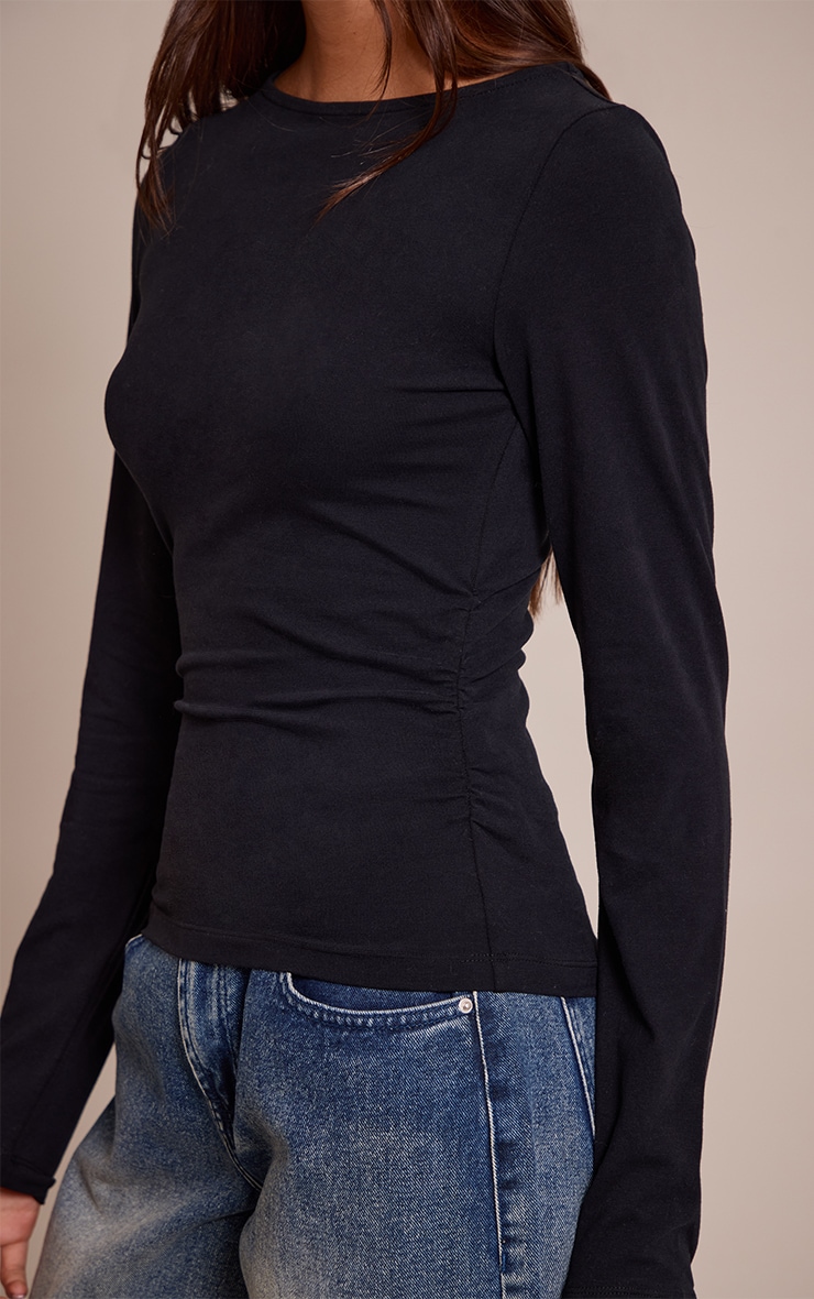 Black Soft Cotton Ruched Side Long Sleeve Top image 4