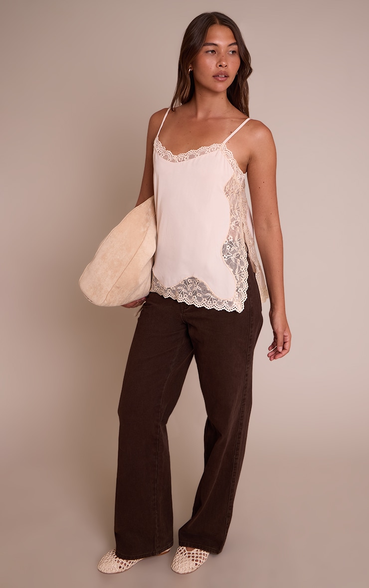 Cream Woven Lace Trim Detail Strappy Cami Top image 3