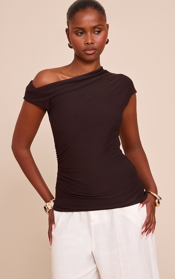 Chocolate Soft Touch Ruched Asymmetric Longline Top