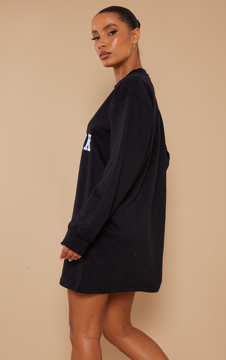 Robe Pull Manches Longues En Sweat Noir Col Ras Slogan New York
