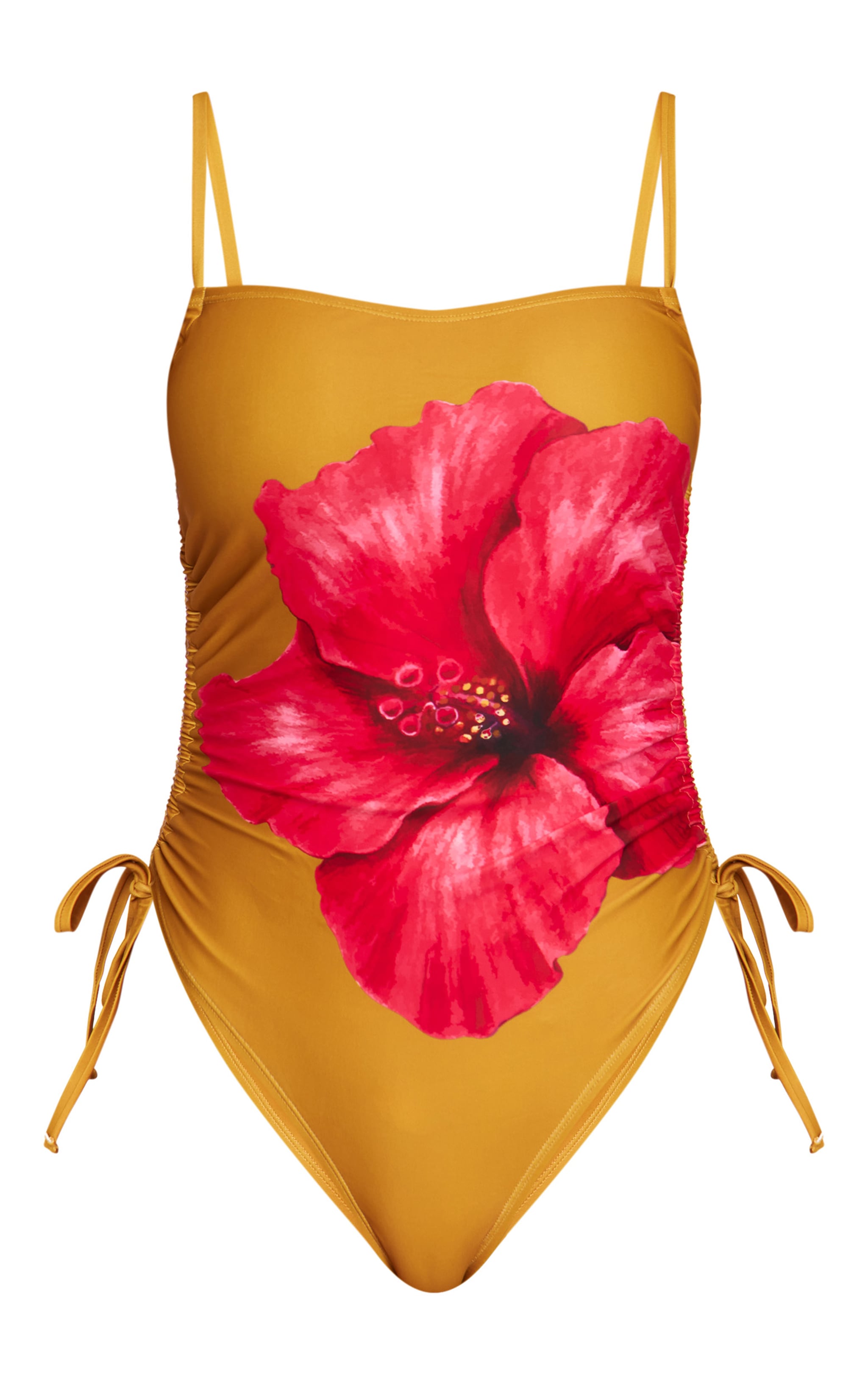 Mustard Hibiscus Print Strappy Swimsuit image 5
