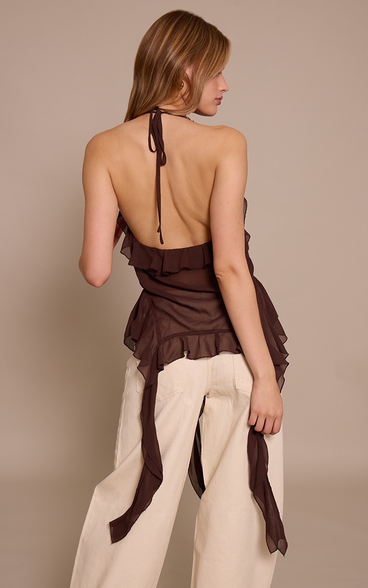 Dark Chocolate Chiffon Ruffle Drape Detail Longline Top image 2