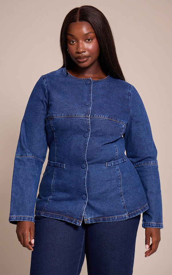 Plus Chemise en jean bleu moyen délavé à col rond