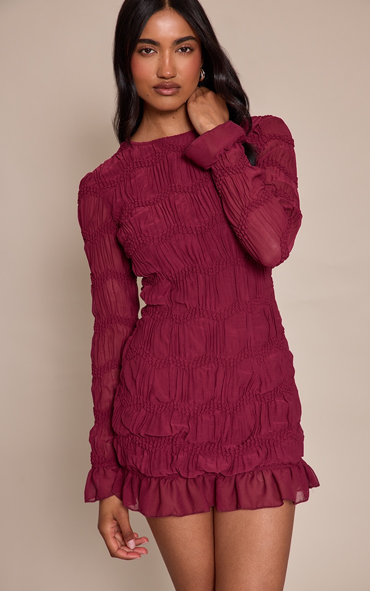 Plum Textured Long Sleeve Crew Neck Mini Dress image 1