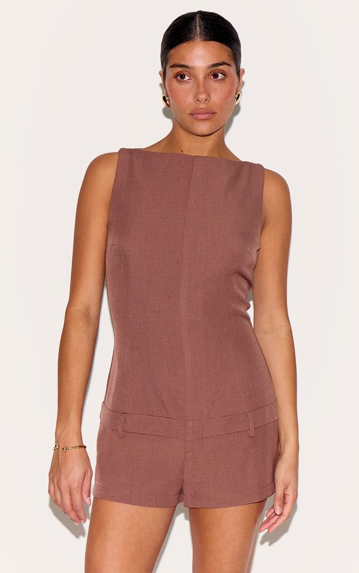 Petite Mocha Tailored Boat Neck Playsuit image 3