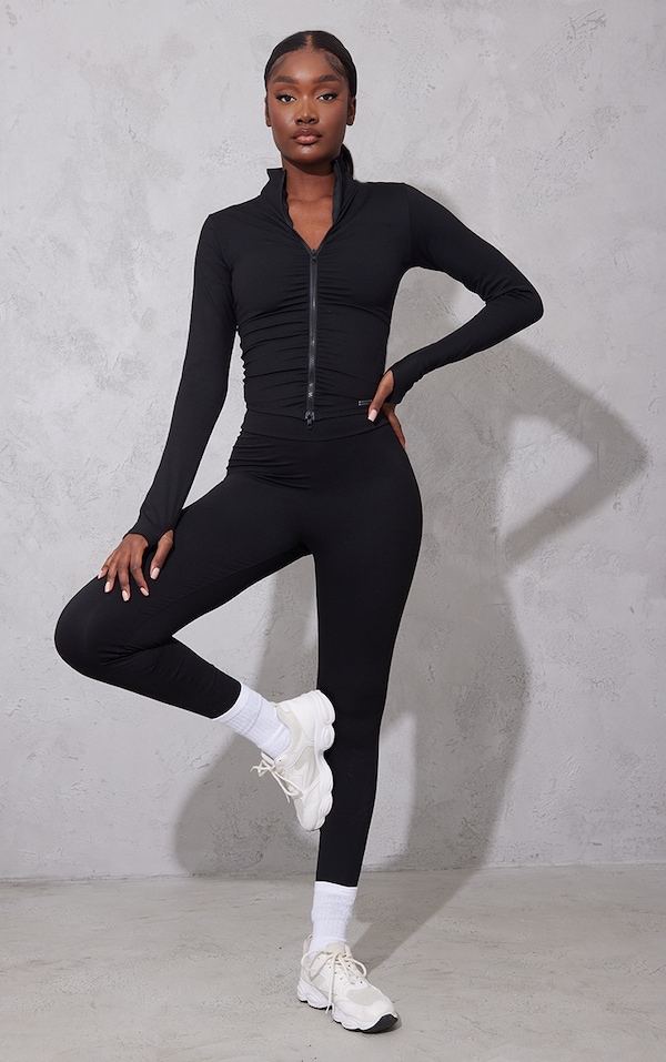 Tall Black Sculpt Ruched Front Zip Up Sport Jacket | Activewear ...