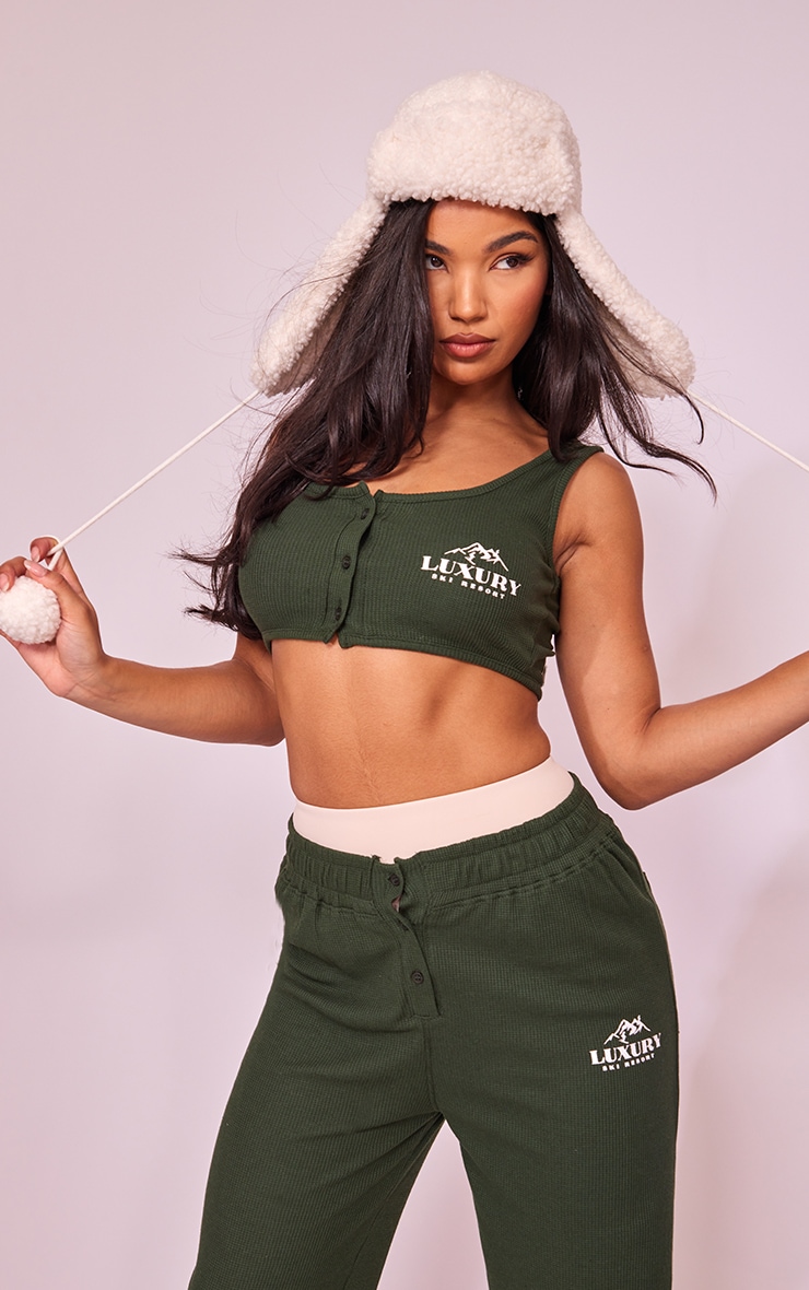 Pine Green Ski Resort Printed Waffle Button Up Crop Top