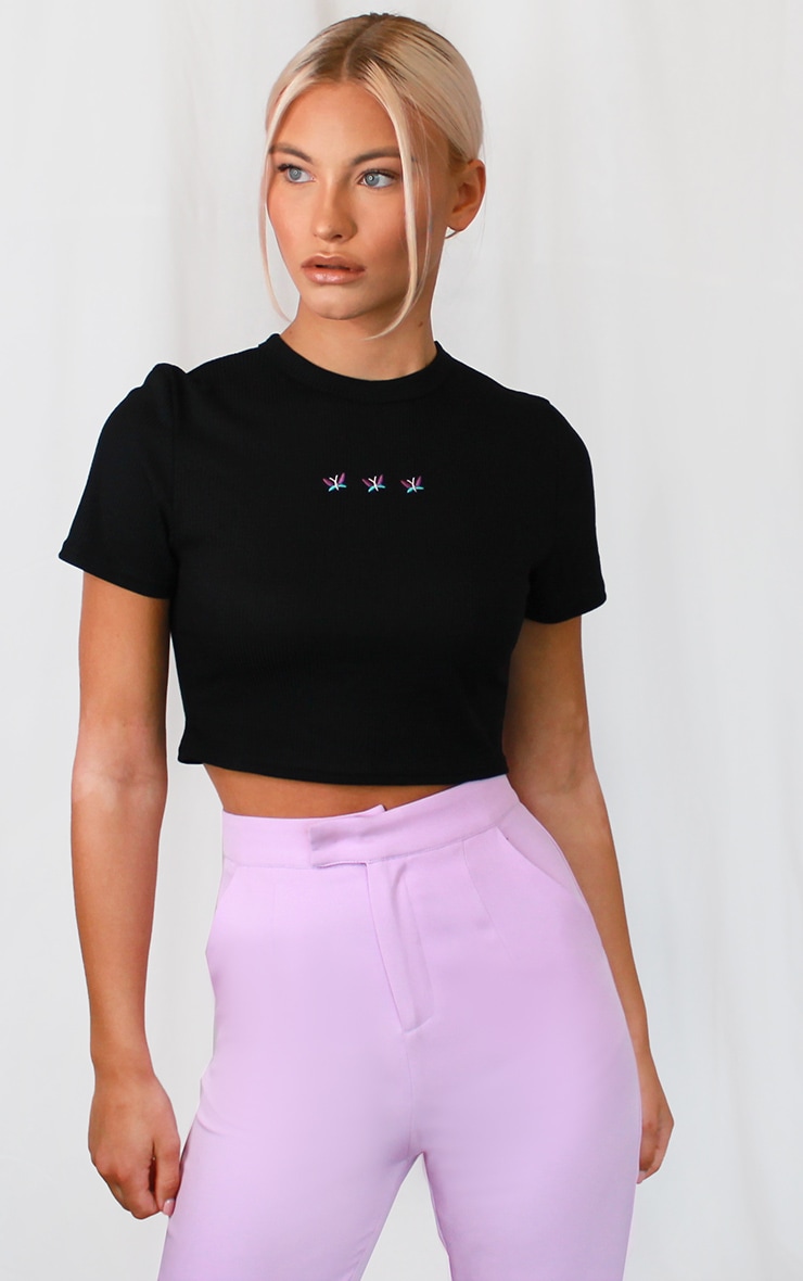 Black Rib Embroidered Butterfly Crop T Shirt