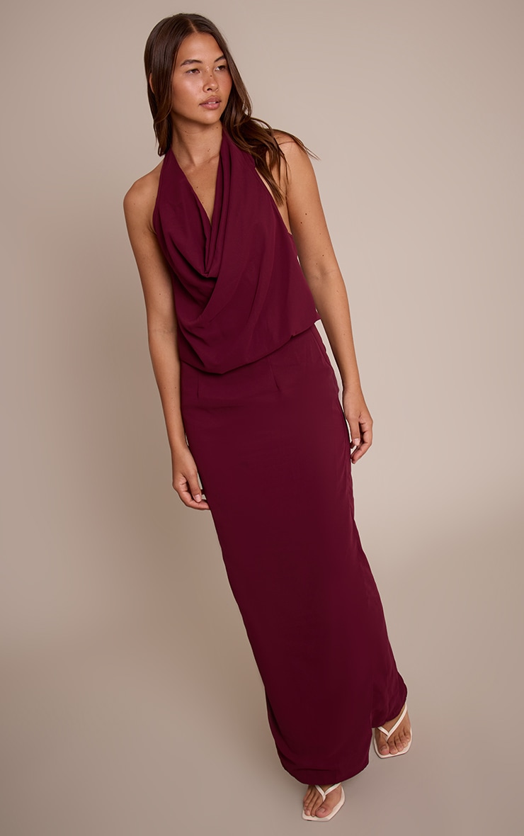 Plum Chiffon Halterneck Cowl Maxi Dress image 1