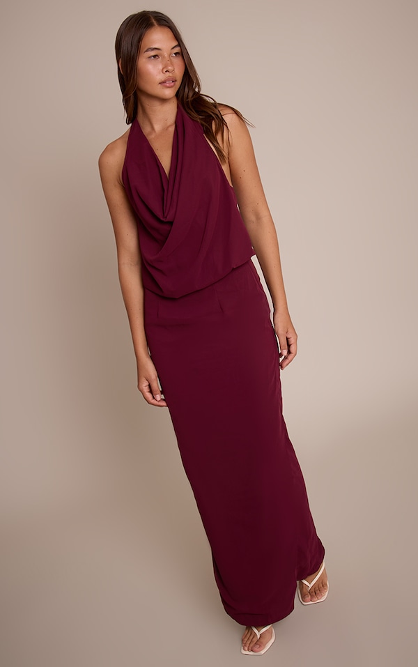 Plum Chiffon Halterneck Cowl Maxi Dress