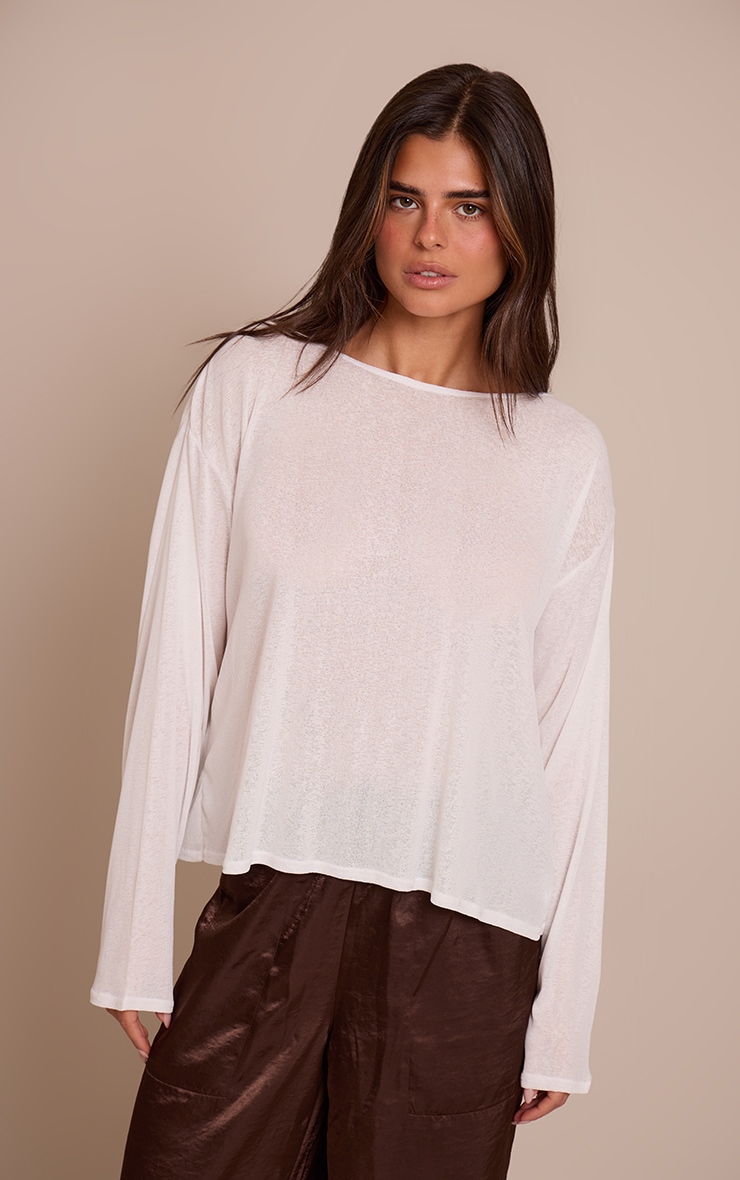 White Oversized Burnout Mesh Long Sleeve Top  image 1