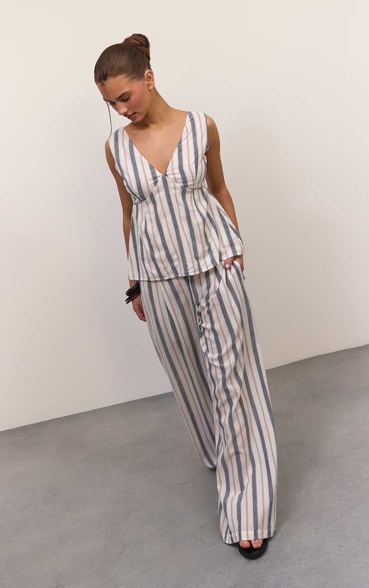 Multi Stripe Linen Look Tailored Straight Leg Trousers