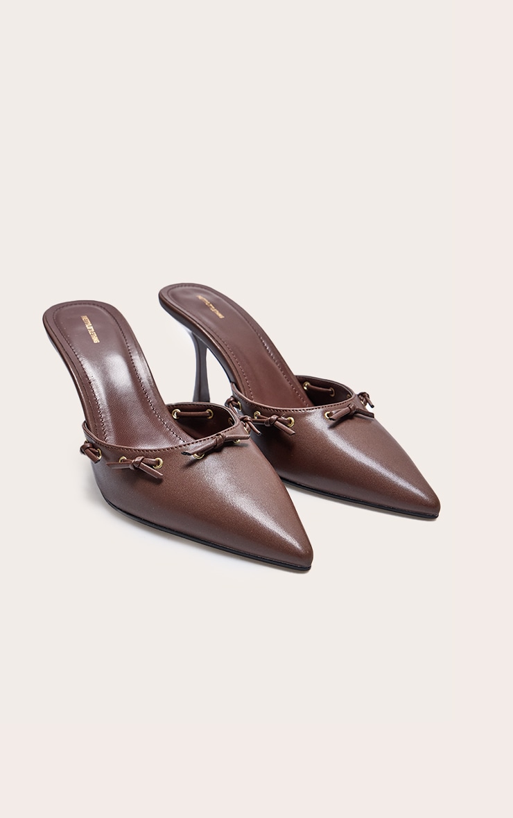 Chocolate Pu Point Toe Bow Mid Stiletto Heeled Court Mules image 2