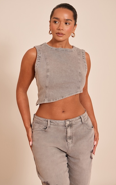 Shape Mushroom Stretch Denim Washed Asymmetric Crop Top